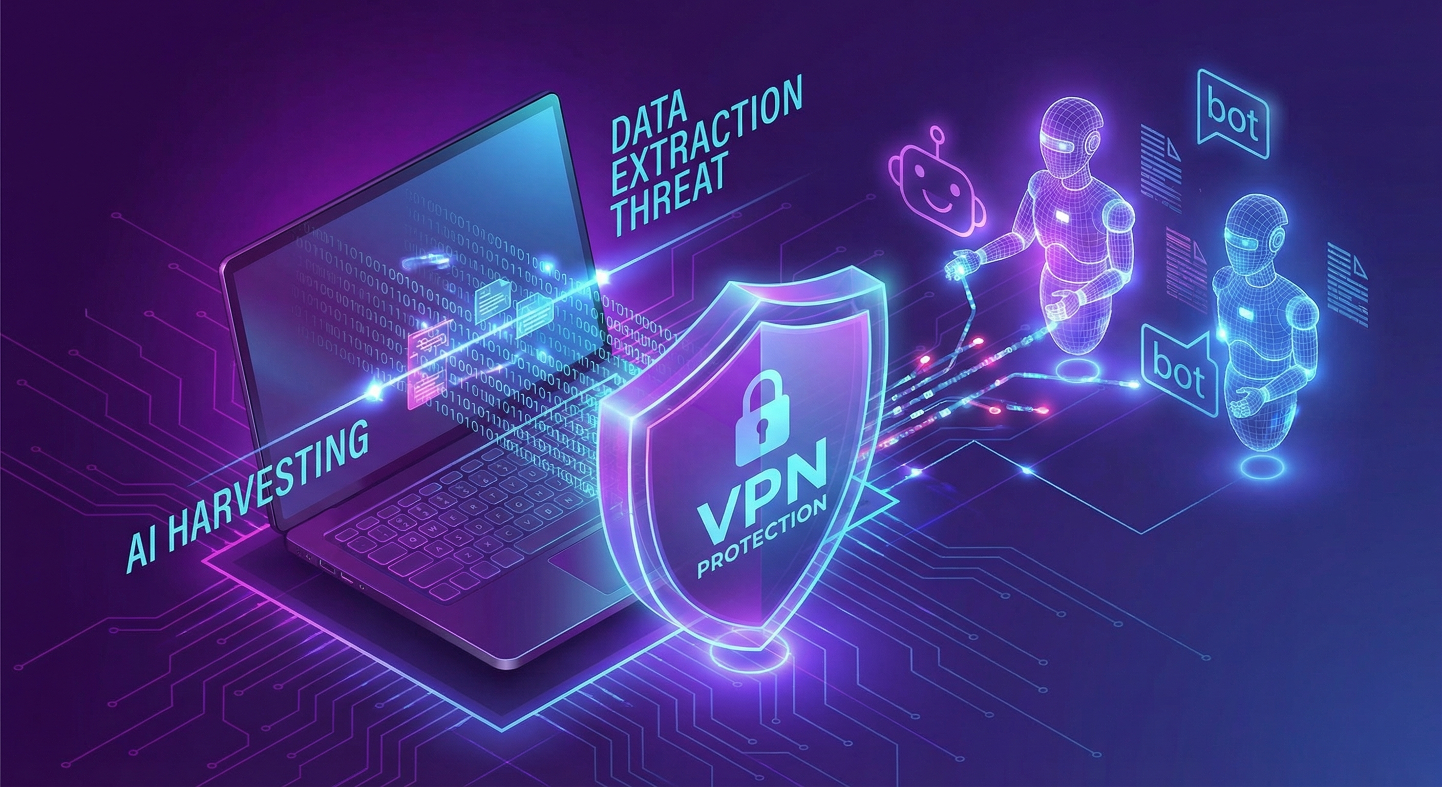 AI bots harvesting data from laptop with VPN protection shield blocking scrapers