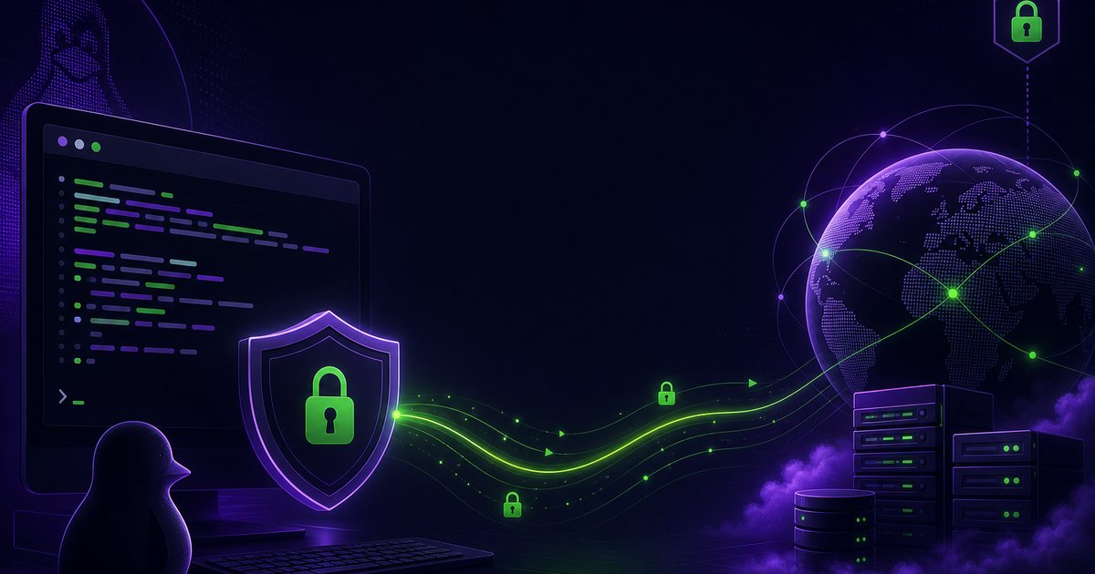 Linux terminal protected by Free VPN with encrypted server network