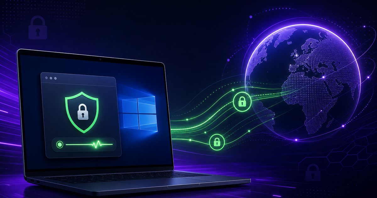 Windows laptop protected by Free VPN with encrypted global connection lines