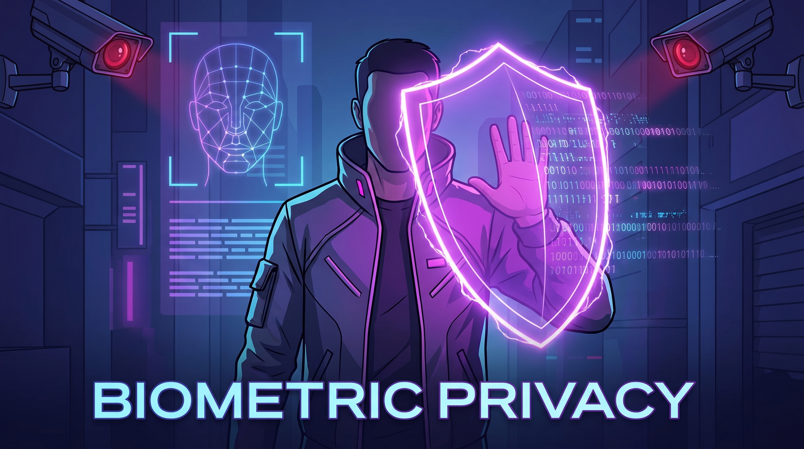 Person protecting their face and biometric data with a privacy shield against facial recognition surveillance