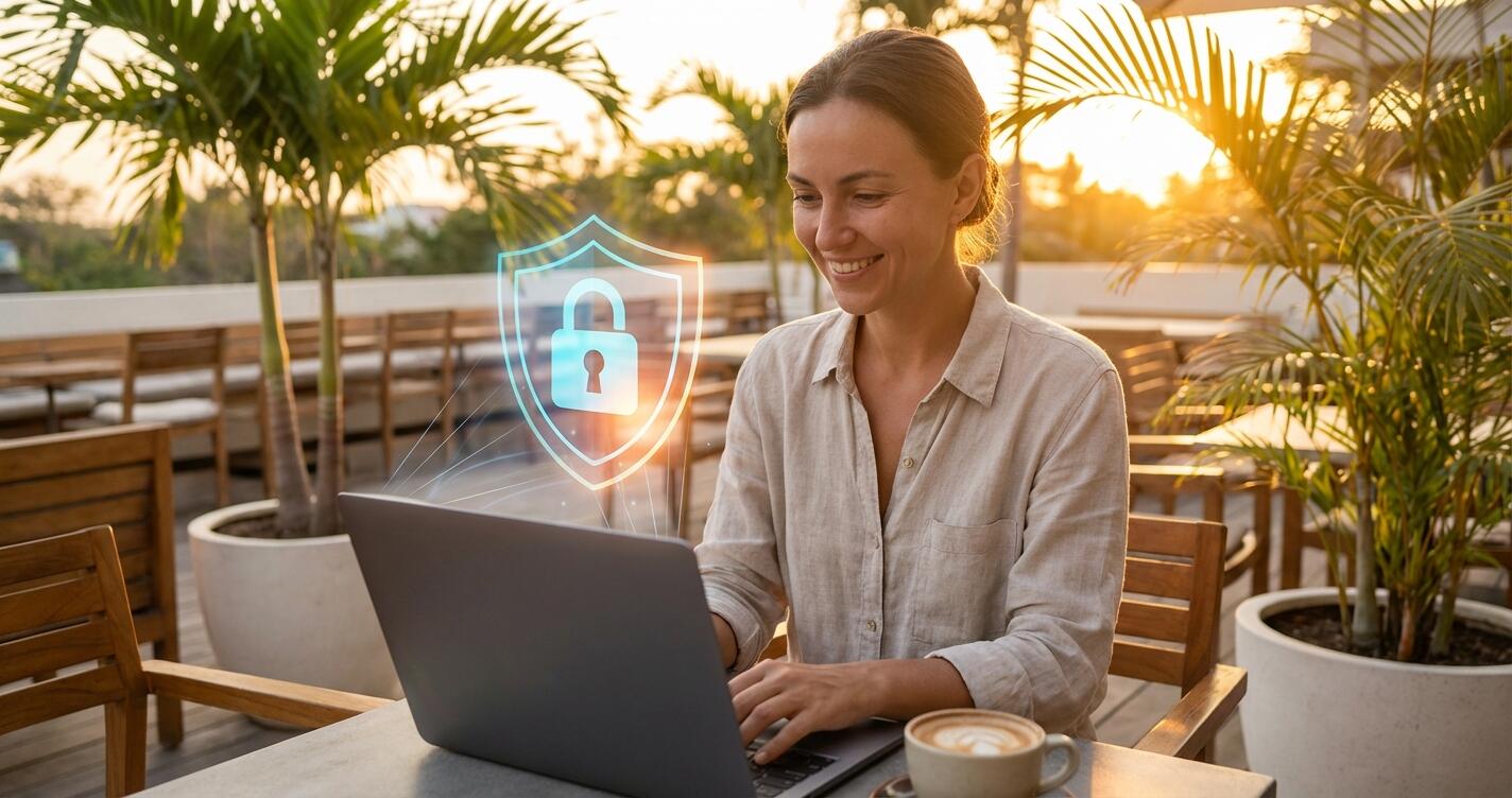 Digital nomad working on laptop at a cafe with VPN protection shield overlay