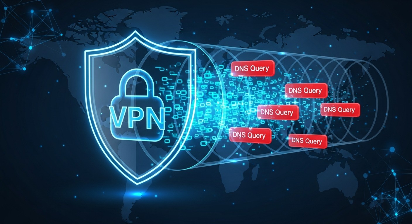 Digital illustration showing DNS leak protection with encrypted VPN tunnel