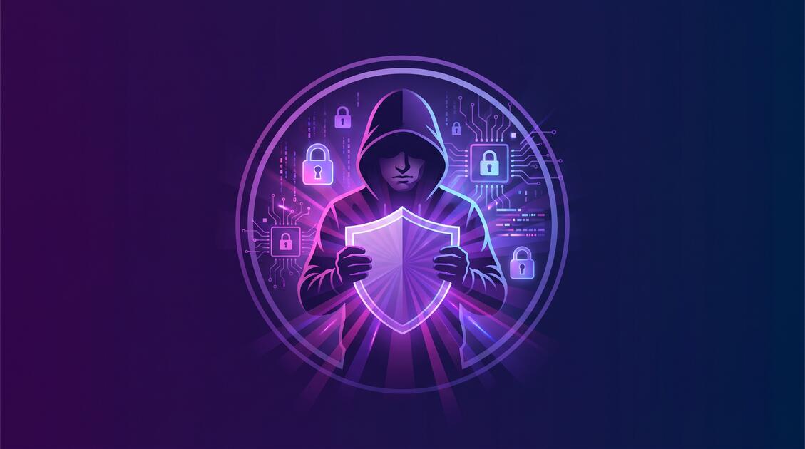 Person concerned about online privacy threats with protective shield symbol