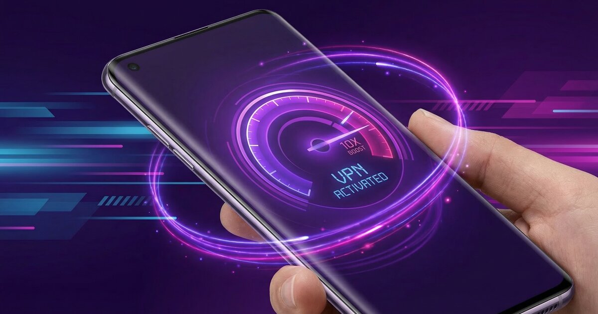 Smartphone displaying speed boost gauge with glowing purple energy trails showing VPN acceleration