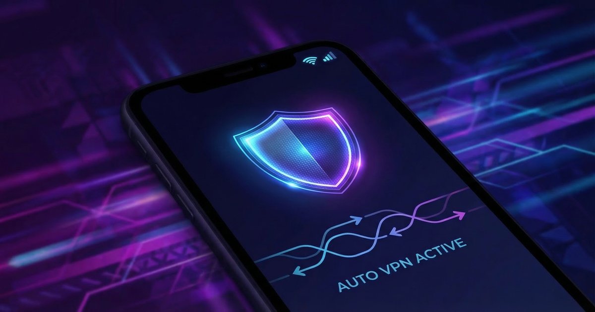 Smartphone with automatic VPN protection showing shield icon and network connectivity