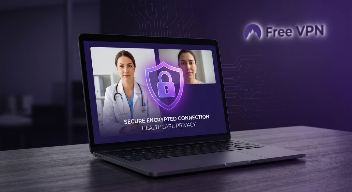 Doctor video call on secure encrypted connection with privacy shield overlay