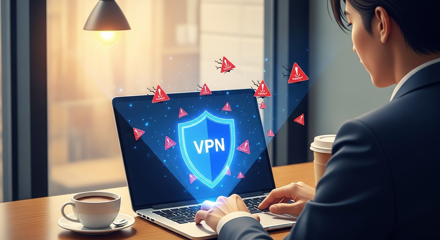 Person using laptop on public WiFi with VPN protection shield