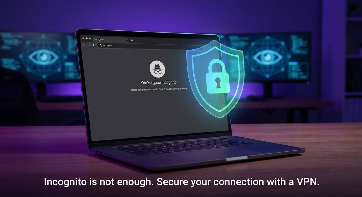 Person using incognito mode on laptop with VPN protection overlay showing that private browsing alone isn't truly private
