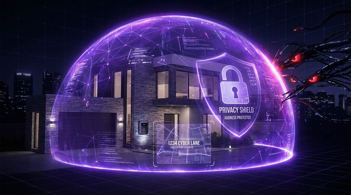 Secure home with privacy shield protecting residential address from online threats