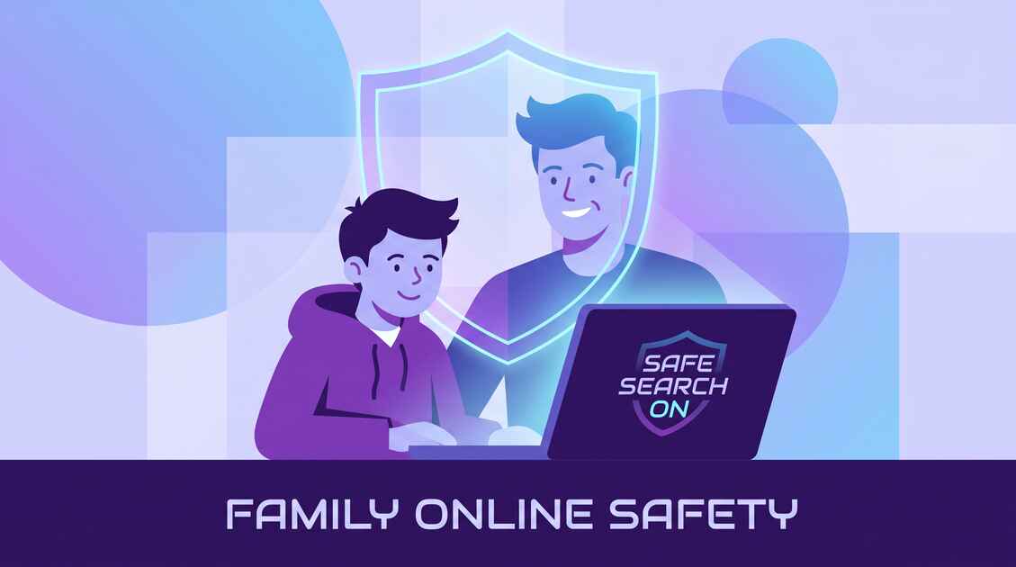 Parent and child safely browsing the internet together with protection shield