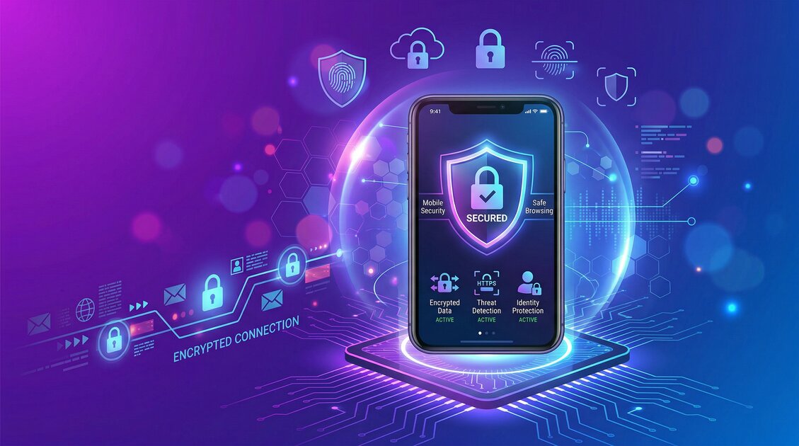 Smartphone with security shield and VPN protection icon, secured mobile device concept