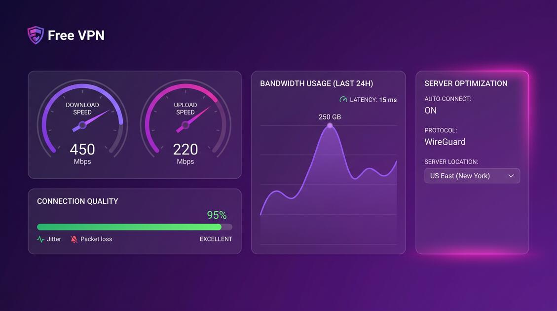 Dashboard showing VPN performance metrics, speed optimization settings, and connection quality indicators
