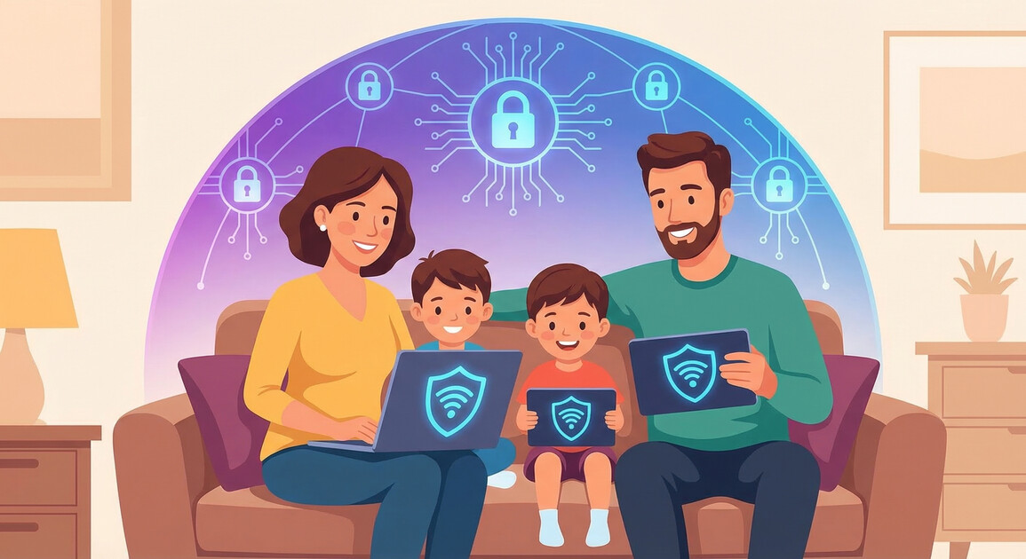 Family using VPN protection on public WiFi network at coffee shop