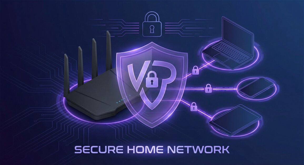 Secure home network protected by VPN with router and connected devices