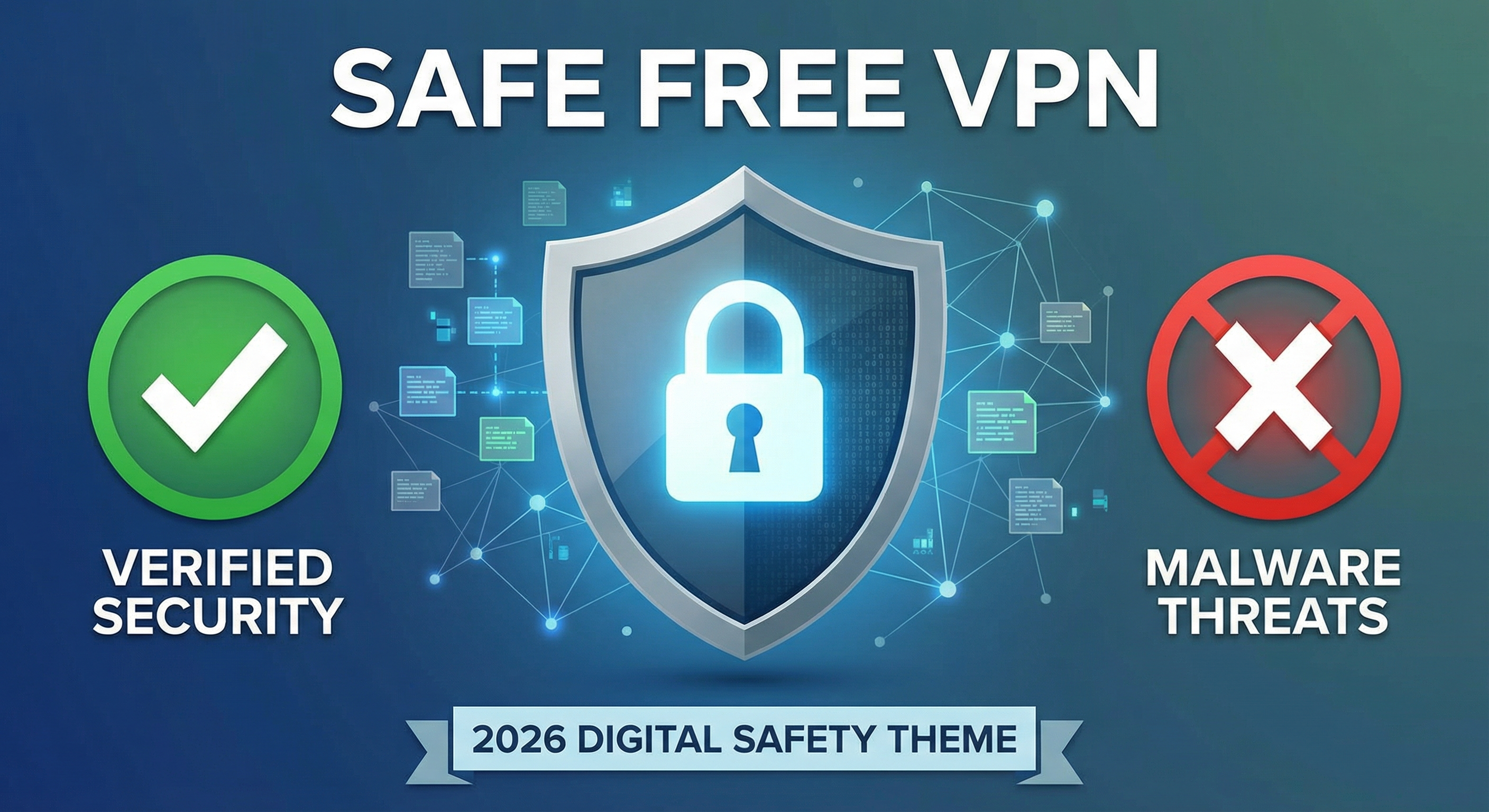 Safe free VPN security shield protecting user data with verified checkmark and malware warning signs