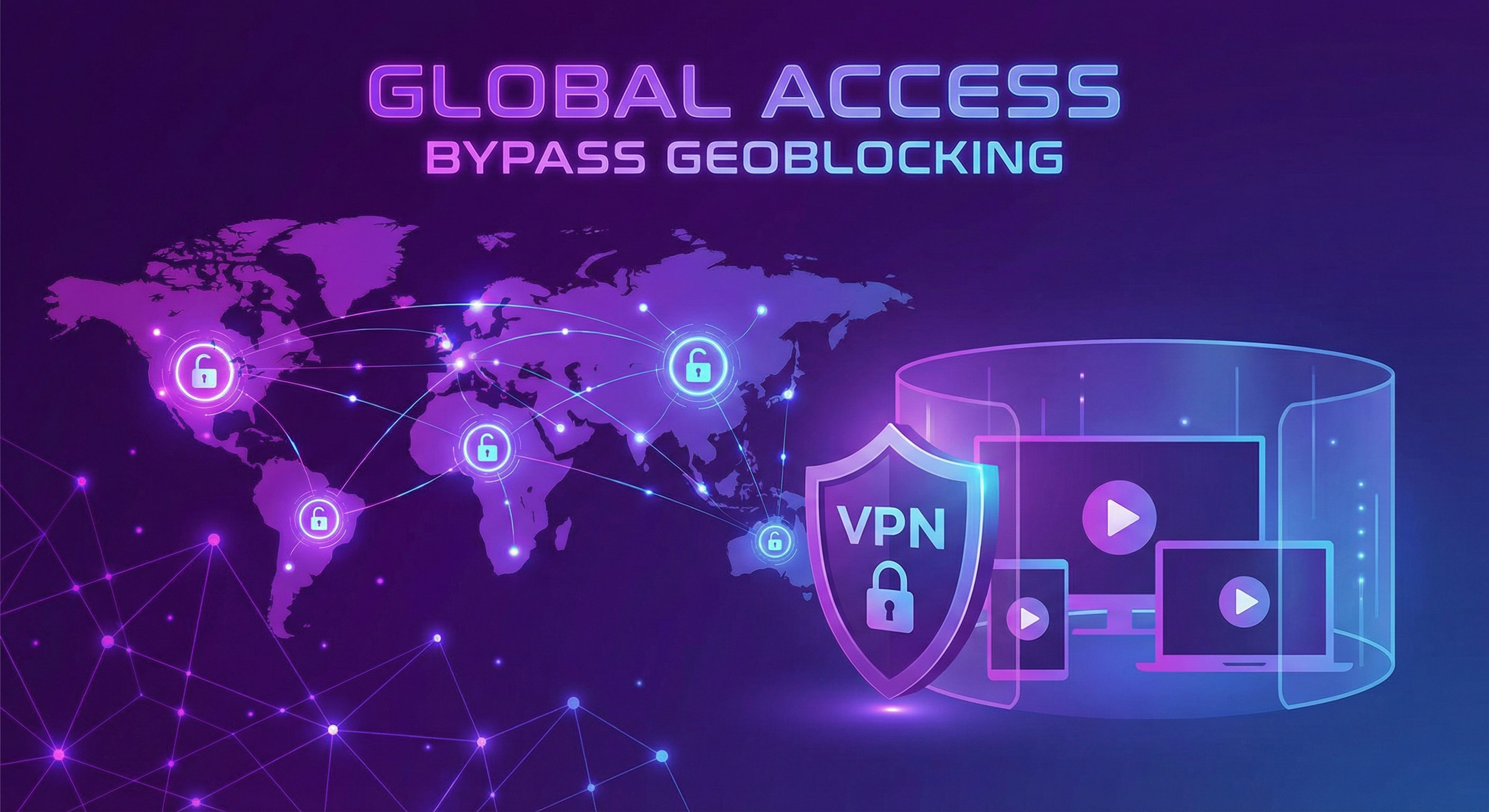 Global VPN network bypassing geographic restrictions to unlock streaming content worldwide