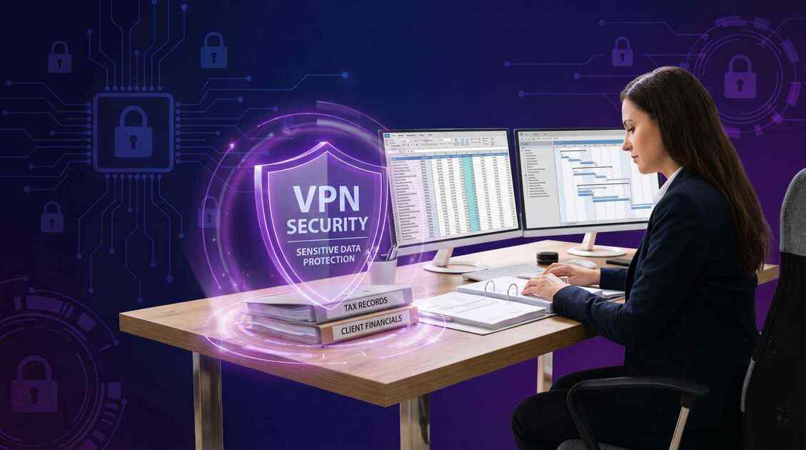 CPA accountant at desk reviewing financial documents with glowing purple VPN security shield protecting sensitive tax records and client financial data, dark cybersecurity gradient background