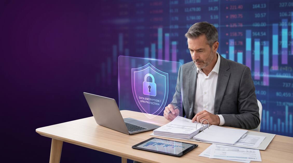 Accountant with tablet reviewing confidential financial records protected by VPN security shield