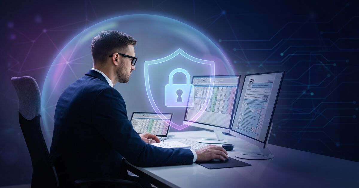 CPA securely managing client tax returns and financial records with VPN protection shield