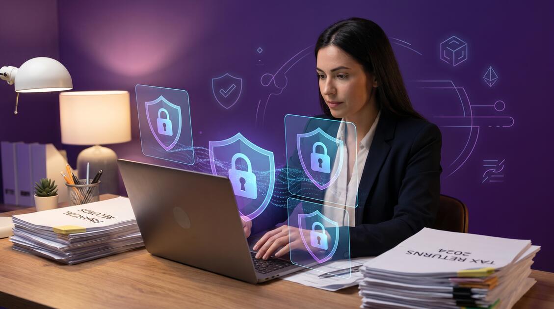 Accountant using laptop with VPN encryption protecting client tax returns and financial data on dark purple background