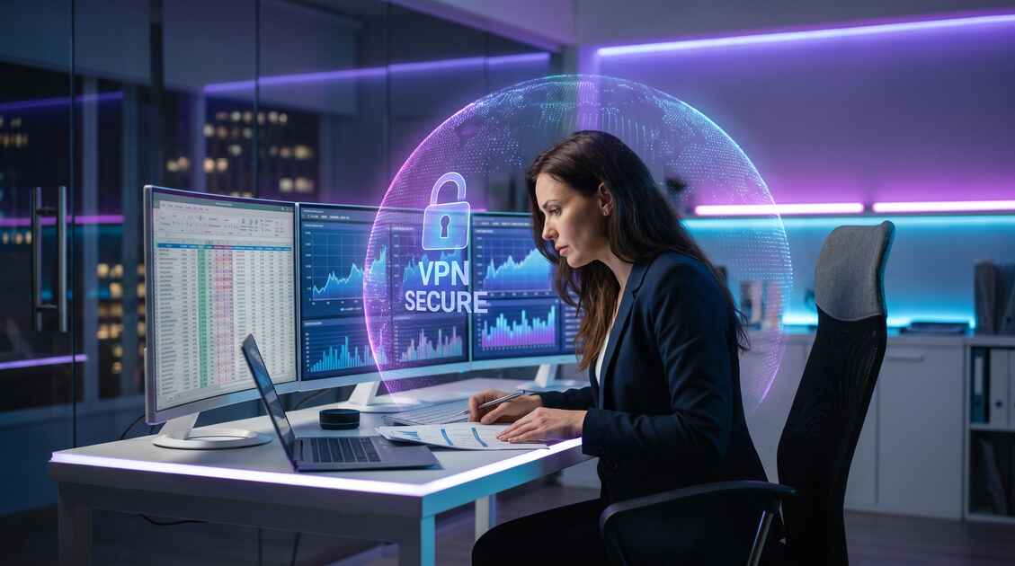Professional accountant reviewing secure financial data with VPN protection shield