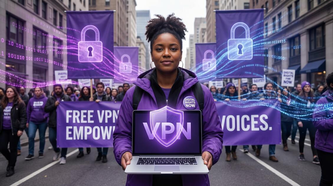 Activist using laptop with VPN protection shield during digital activism and protest organizing