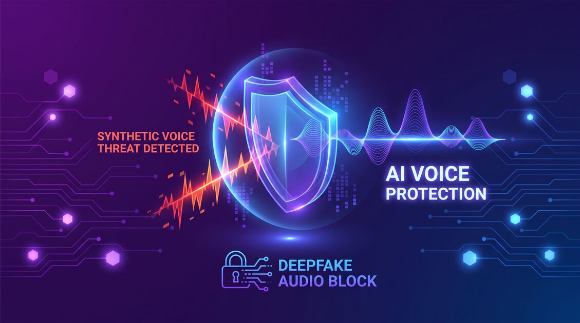 Cybersecurity visualization showing AI voice protection and synthetic voice threat detection