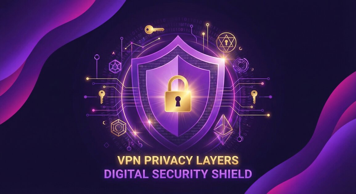 Security shield with padlock representing VPN protection and privacy layers