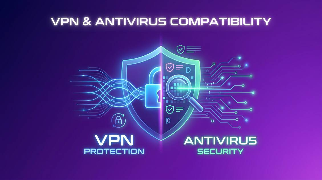 Shield icon with VPN and antivirus symbols showing compatibility