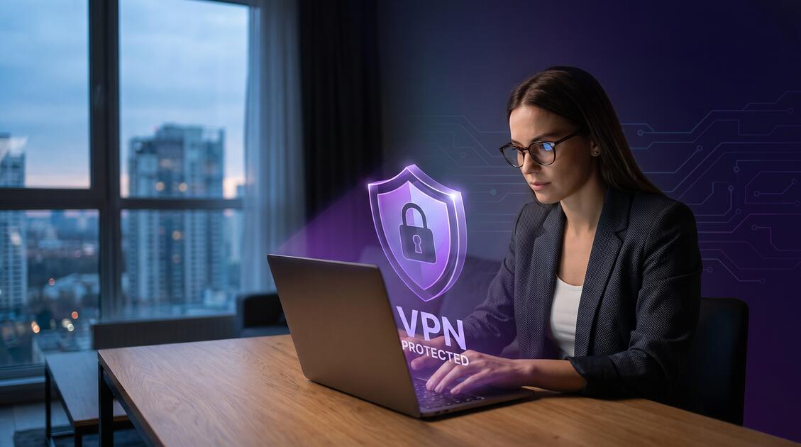 Apartment renter using laptop with VPN protection to secure rental privacy