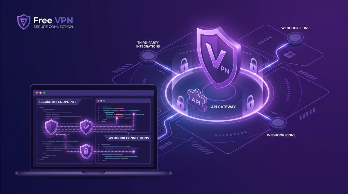 Secure API integration with VPN protection shield showing webhook and third-party API connections