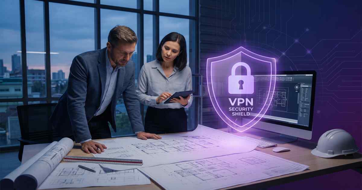 Architect and engineer reviewing building blueprints with VPN security shield protecting design intellectual property