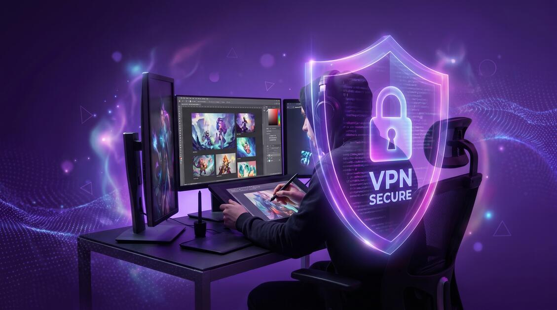Artist working on creative portfolio with VPN security shield protection