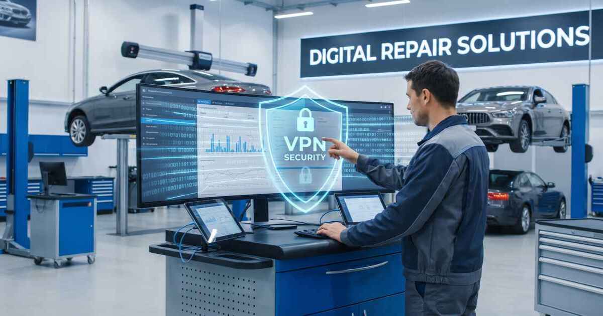 Automotive repair shop owner accessing diagnostic system with VPN protection for vehicle data and customer records