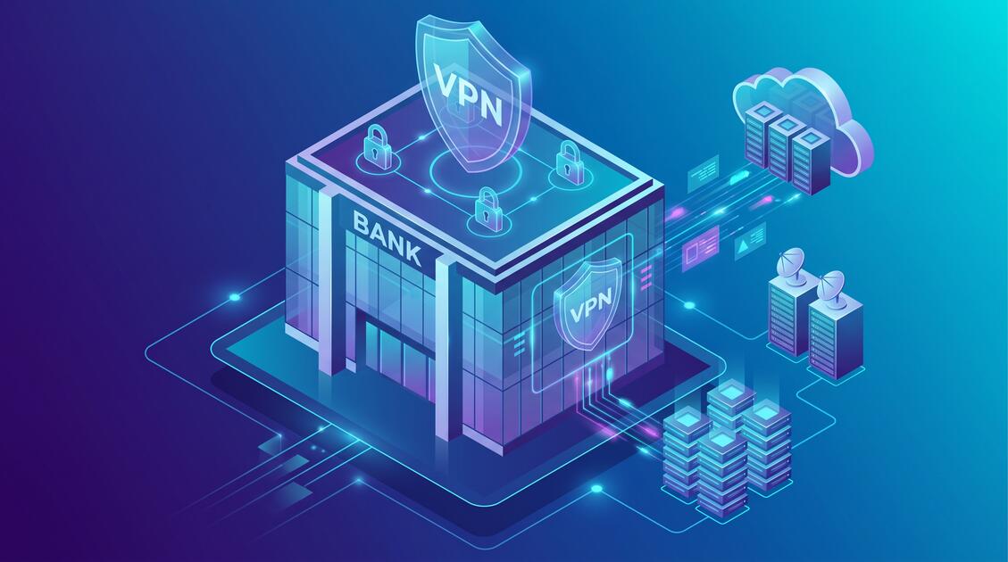 Secure bank network protected by VPN encryption with regulatory compliance badges
