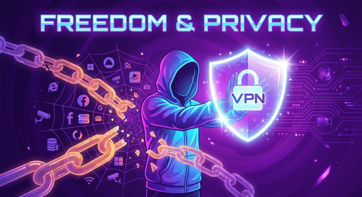 Person breaking free from surveillance advertising web of behavioral tracking and targeted ads with VPN protection shield