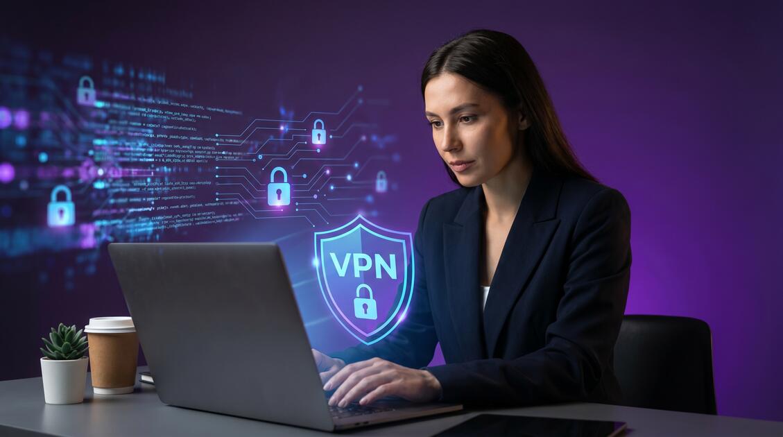 Business owner using laptop with VPN protection and business data security