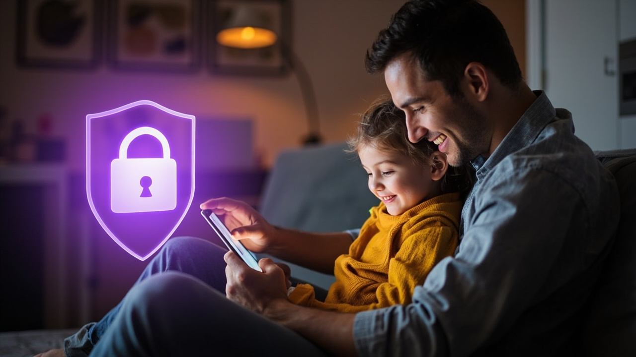 Parent and child using tablet together with VPN protection shield and safety icons