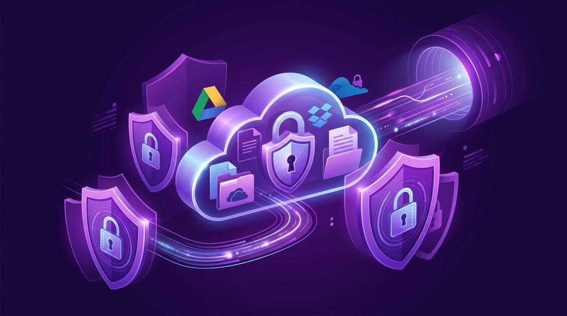 Cloud storage files protected by VPN encryption and security shield