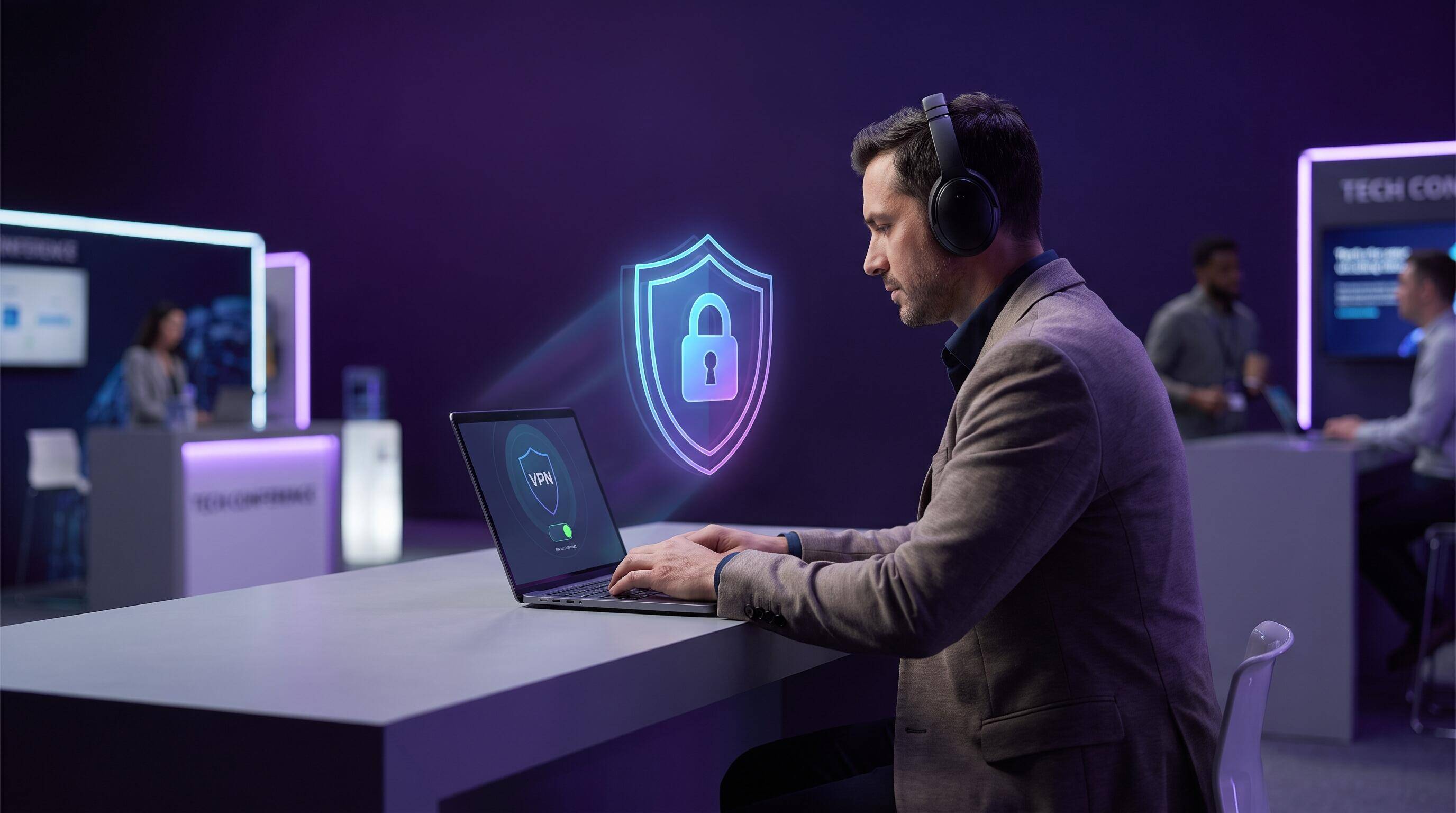 Professional at conference using VPN to secure WiFi connection with laptop and mobile device