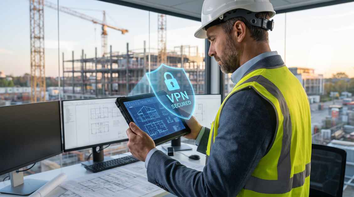 Construction manager accessing project blueprints with VPN security on mobile device at job site