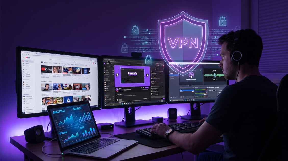 Content creator at desk managing multiple streaming platforms with VPN security shield protecting audience data and revenue