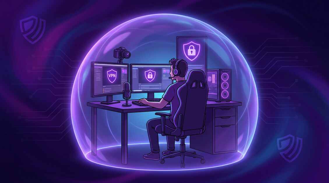 Content creator protecting creative assets and personal privacy with VPN security shield