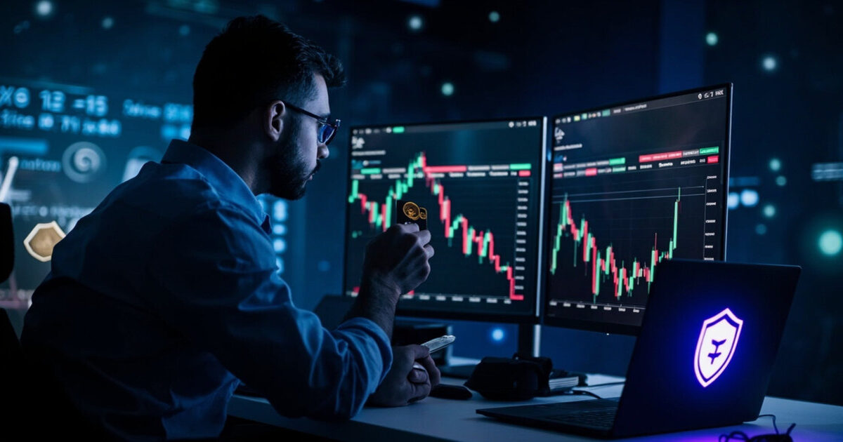 Crypto blockchain professional at desk with laptop showing VPN security shield protecting private keys and digital assets