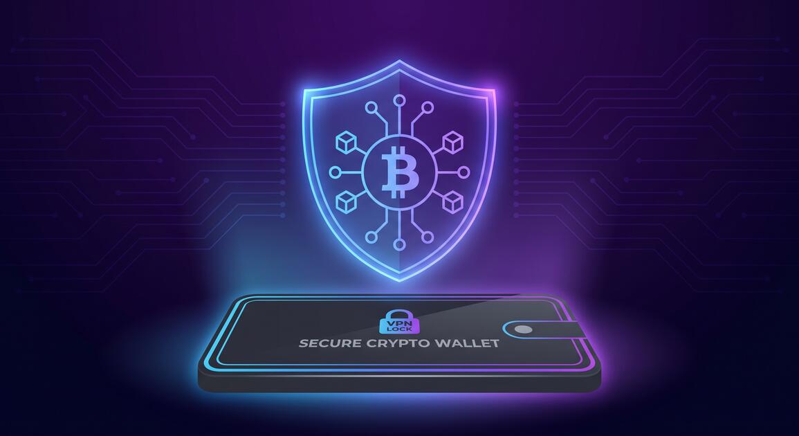 Secure cryptocurrency wallet protected by VPN encryption with blockchain technology