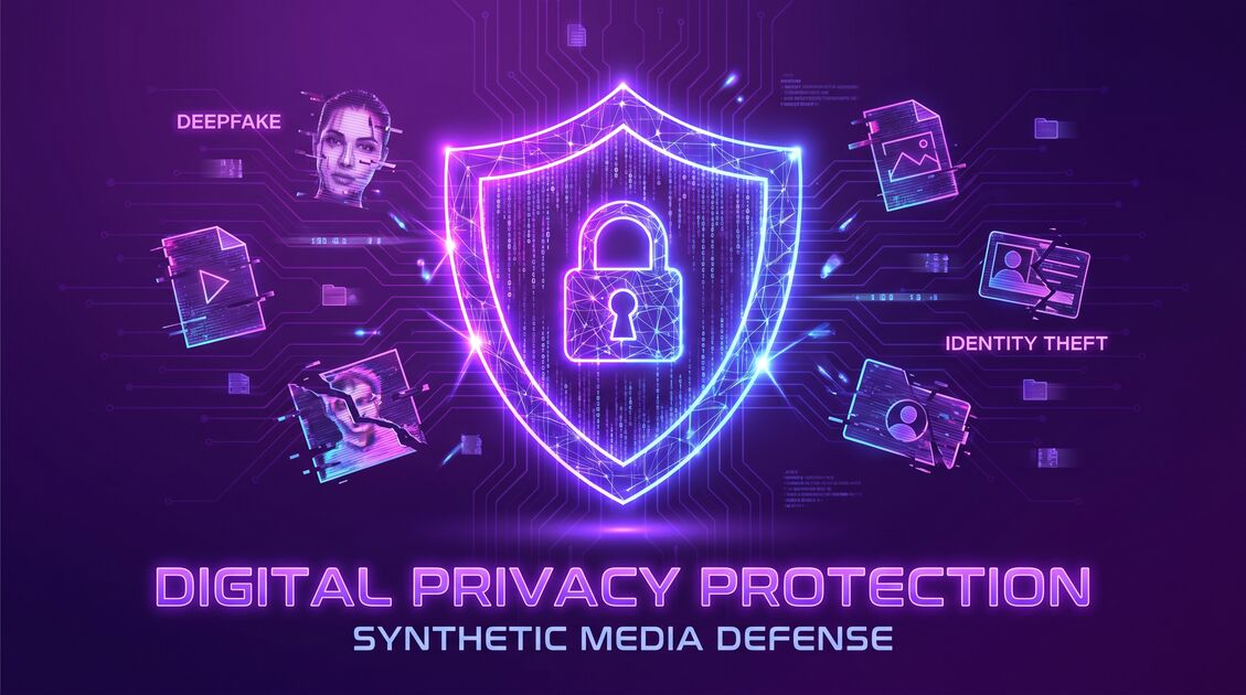 Digital security shield protecting against deepfake synthetic media and identity theft