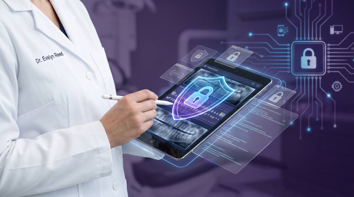 Dentist working on patient data with VPN security shield protecting dental records and clinic information