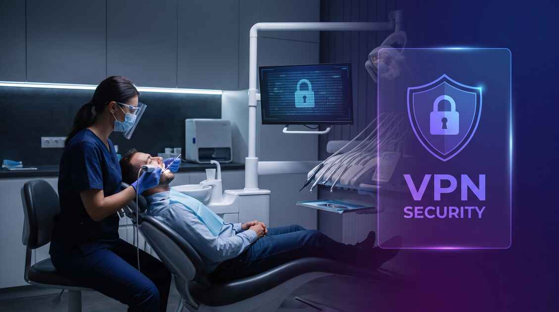 Professional dentist protecting patient data with VPN security shield in modern dental office