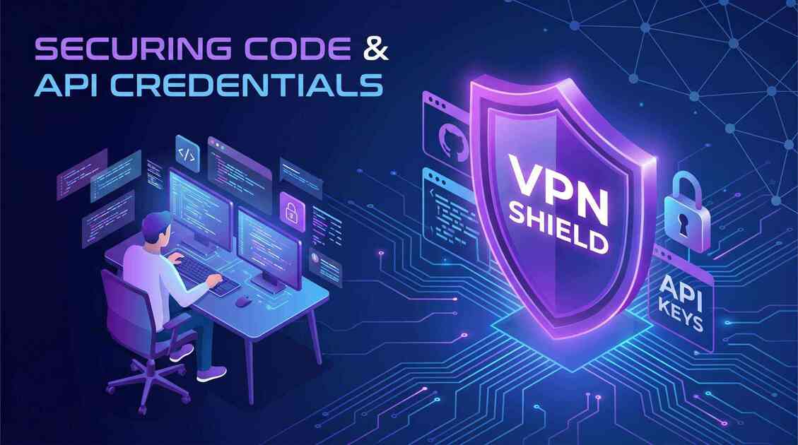 Developer with shield protecting code repositories and API credentials on secure network