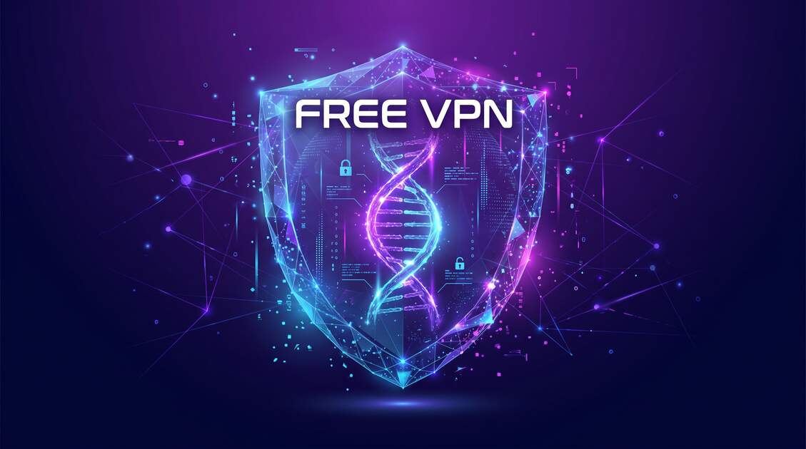 DNA helix protected by VPN shield, representing genetic privacy protection